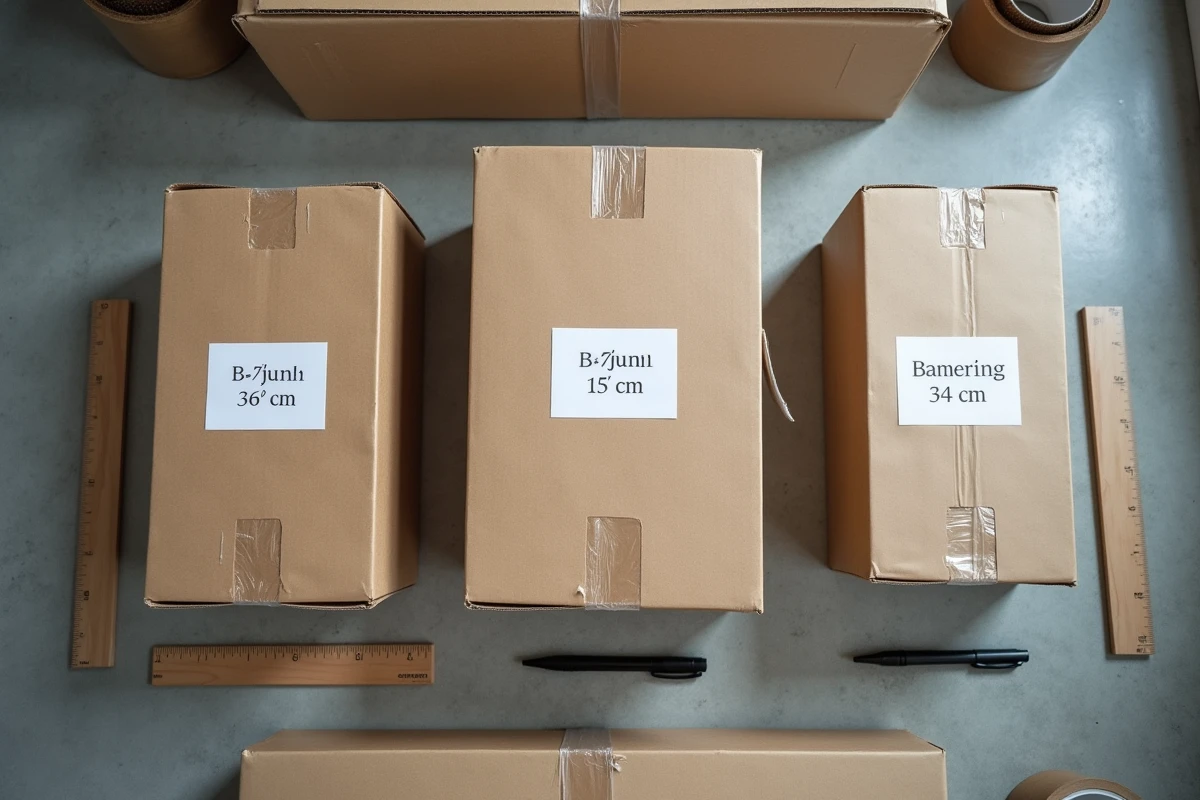 Vue du dessus de trois colis de différentes tailles avec étiquettes de dimensions en centimètres et règle en bois, conditions colis Mondial Relay