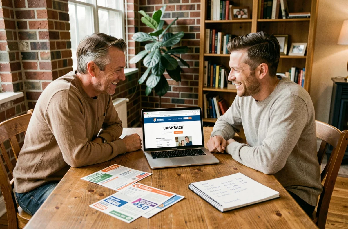 Couple comparant des bons de réduction imprimés et des offres cashback en ligne sur un ordinateur portable à la maison