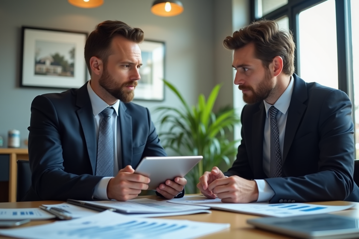 Expert comptable expliquant la fiscalite au propriétaire dans un bureau moderne