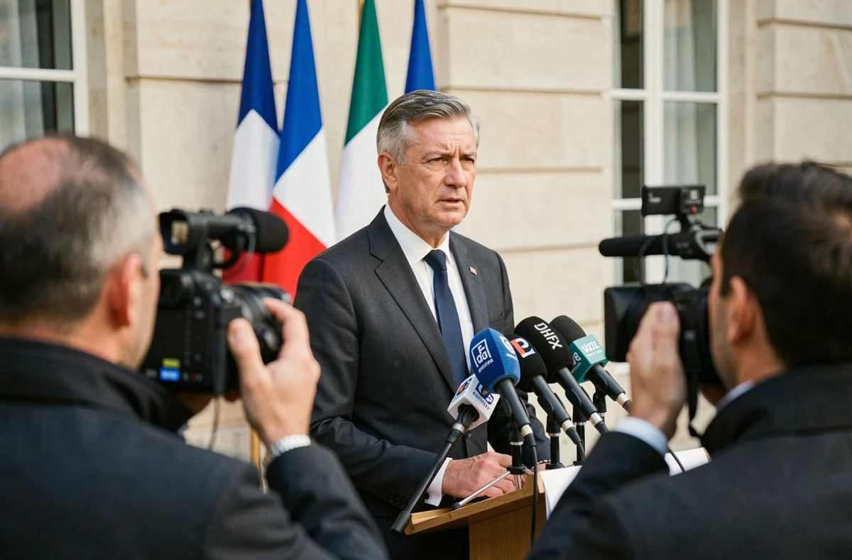 Conférence de presse officielle devant un bâtiment institutionnel français concernant l'enquête antiterroriste de Cannes