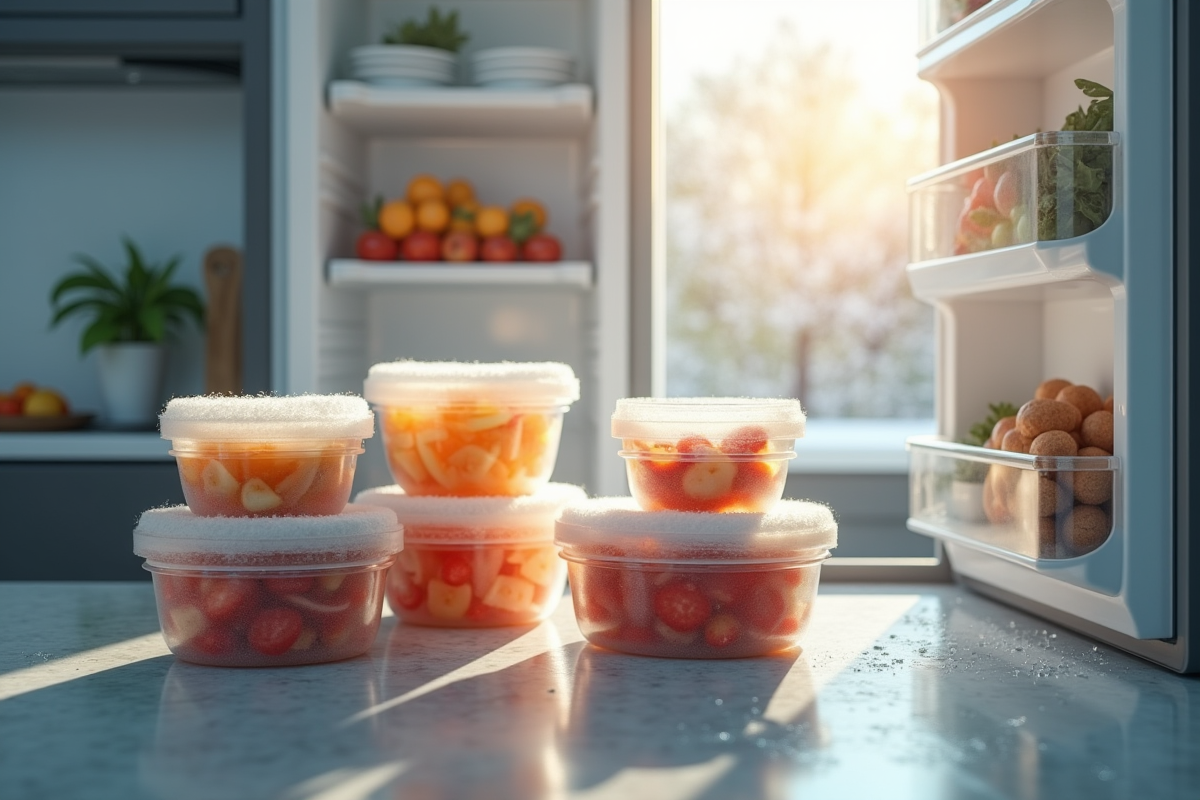 Contenants de nourriture congelée sur une table avec congélateur dégivré