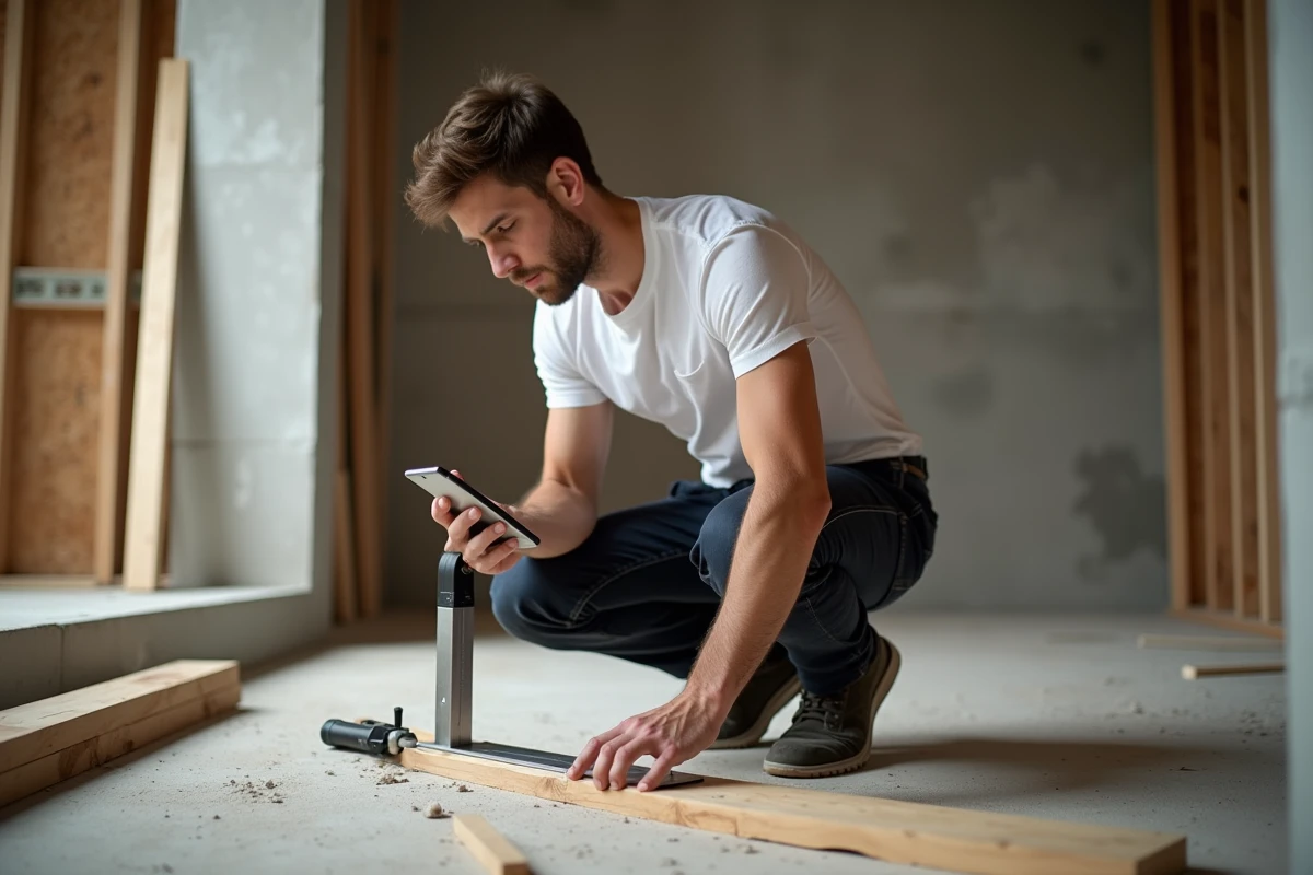 Jeune homme en chantier consultant une table de conversion pouce cm sur smartphone lors de travaux de rénovation