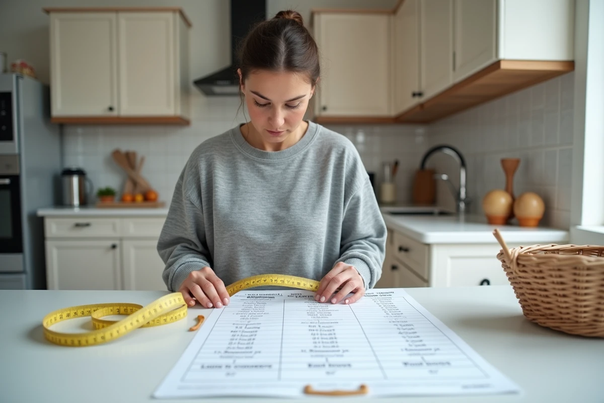 Femme utilisant un mètre ruban avec un tableau de conversion pouces en centimètres dans une cuisine moderne