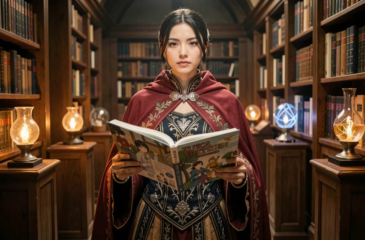 Jeune femme en costume de fantasy tenant un volume de manga Fairy Tail dans une bibliothèque atmosphérique aux étagères garnies de livres anciens