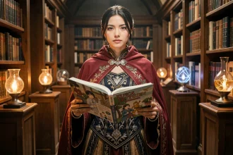 Jeune femme en costume de fantasy tenant un volume de manga Fairy Tail dans une bibliothèque atmosphérique aux étagères garnies de livres anciens