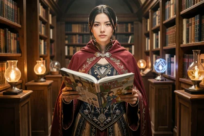 Jeune femme en costume de fantasy tenant un volume de manga Fairy Tail dans une bibliothèque atmosphérique aux étagères garnies de livres anciens