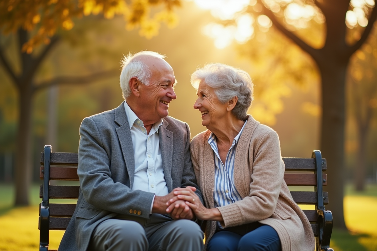 Couple agee assis sur un banc dans un parc ensoleille, souriant