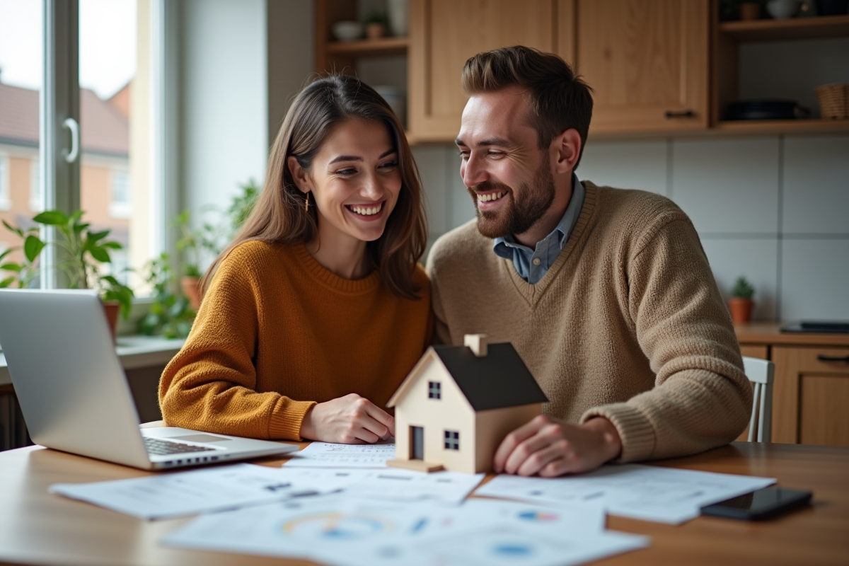 Couple souriant en automne devant documents et maison