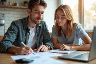 Jeune couple examinant des documents financiers dans un appartement lumineux