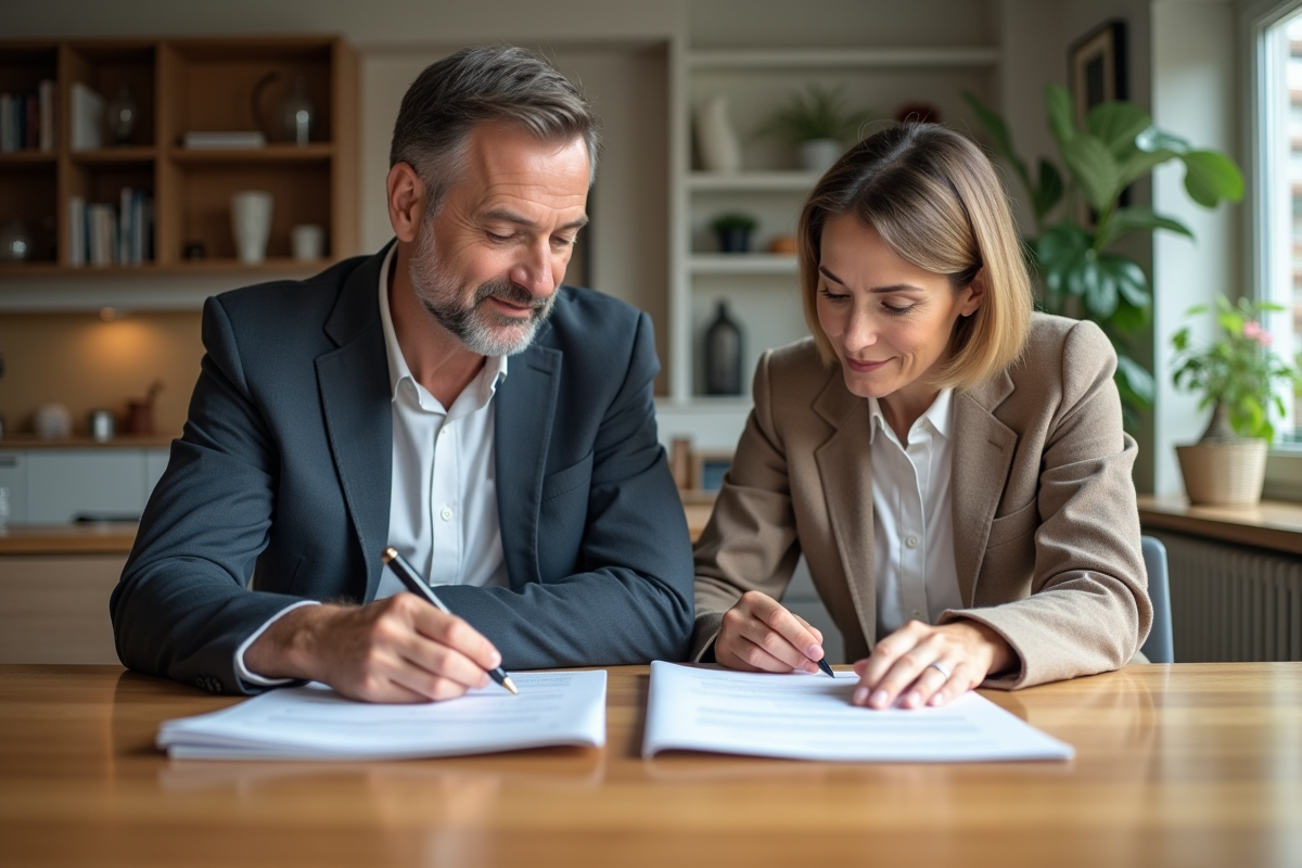 Couple d'âge moyen en réunion à la maison pour un document