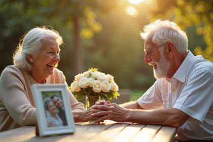 Couple agee tenant main et riant en plein air avec roses