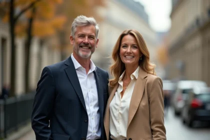 Couple élégant et complice se promenant sur un boulevard parisien aux facades haussmanniennes en automne