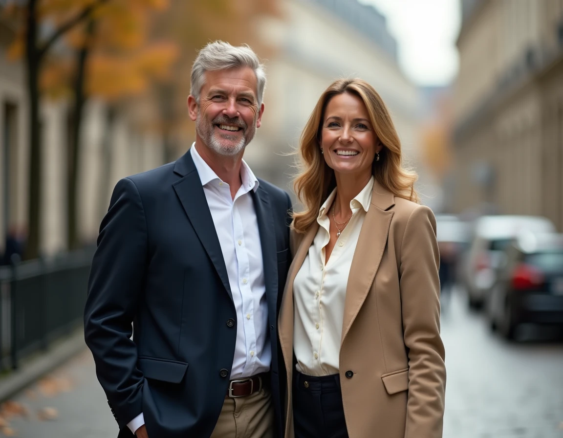 Couple élégant et complice se promenant sur un boulevard parisien aux facades haussmanniennes en automne