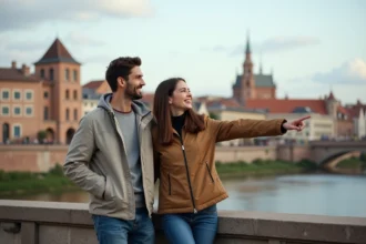 Jeune couple sur le pont Neuf à Toulouse avec vue sur la ville