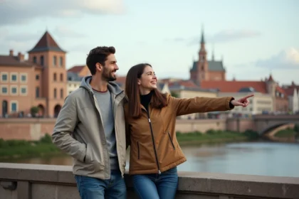 Jeune couple sur le pont Neuf à Toulouse avec vue sur la ville