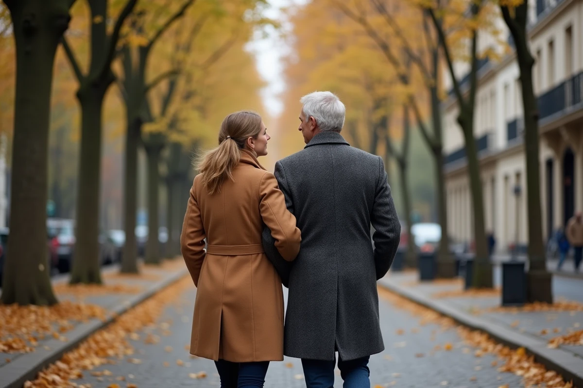 Couple d'âge mûr se promenant sur un boulevard parisien en automne, souriant complices entourés de feuilles dorées