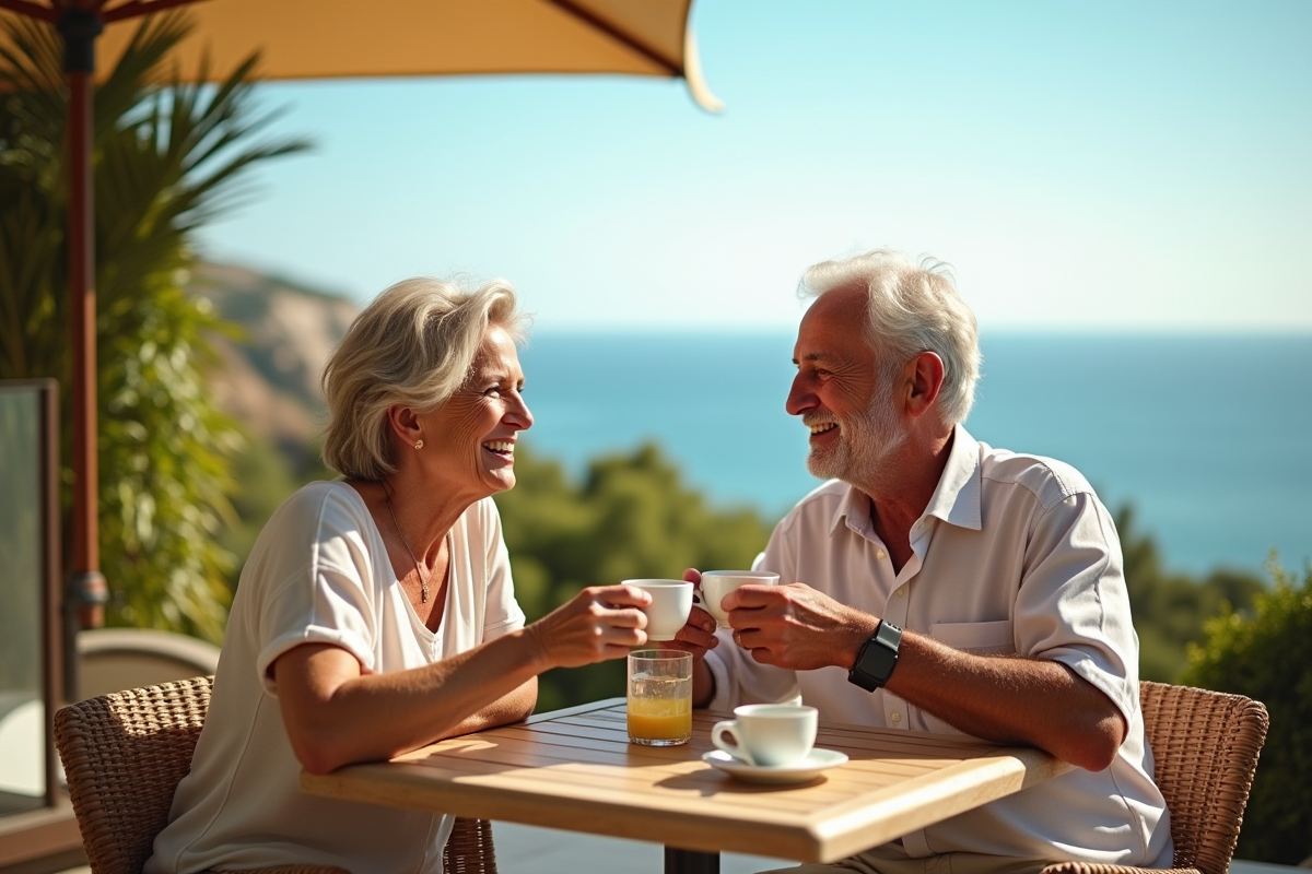 Couple retraités français profitant du café en terrasse ensoleillée