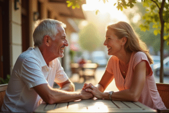 Couple mature souriant main dans la main au café en plein air