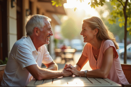 Couple mature souriant main dans la main au café en plein air