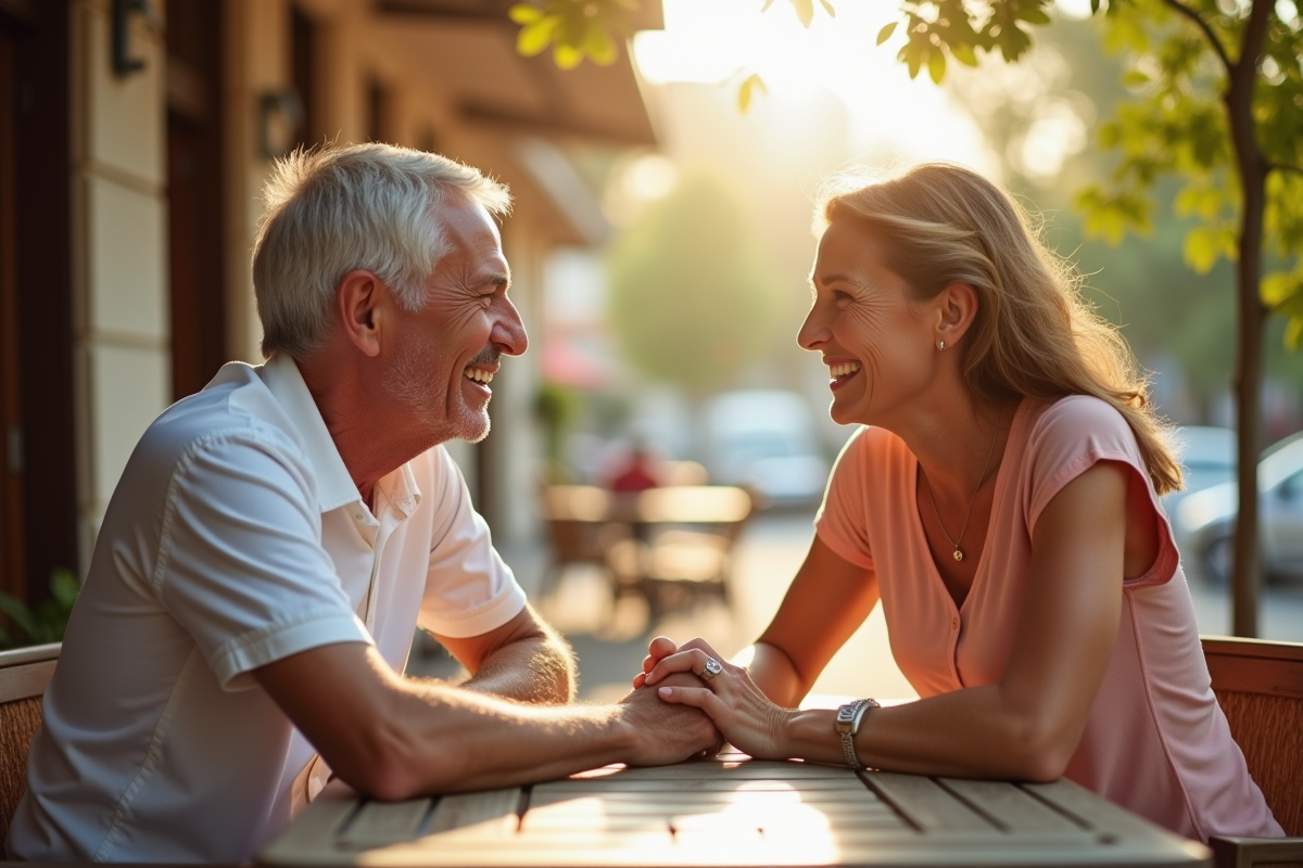 Couple mature souriant main dans la main au café en plein air