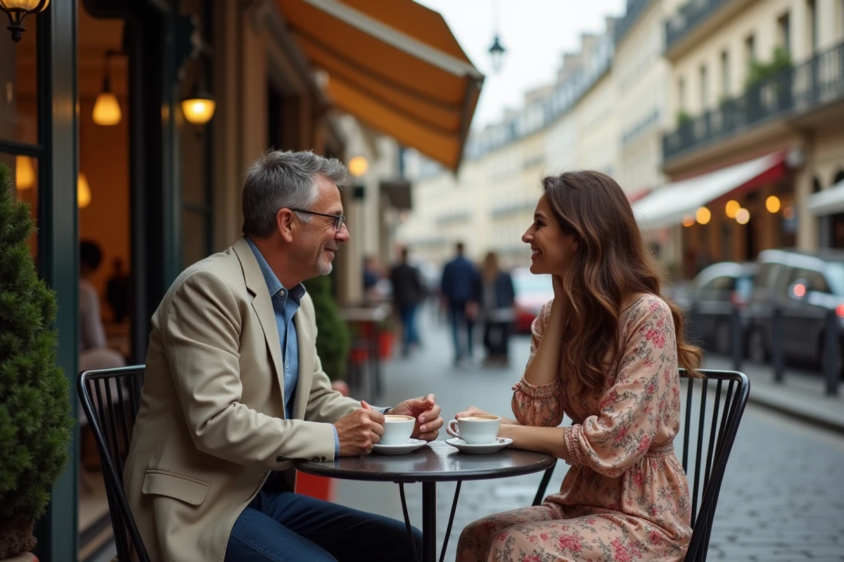 Couple élégant partageant un moment intime en terrasse de café parisien, symbolisant l'influence des relations amoureuses sur la créativité artistique