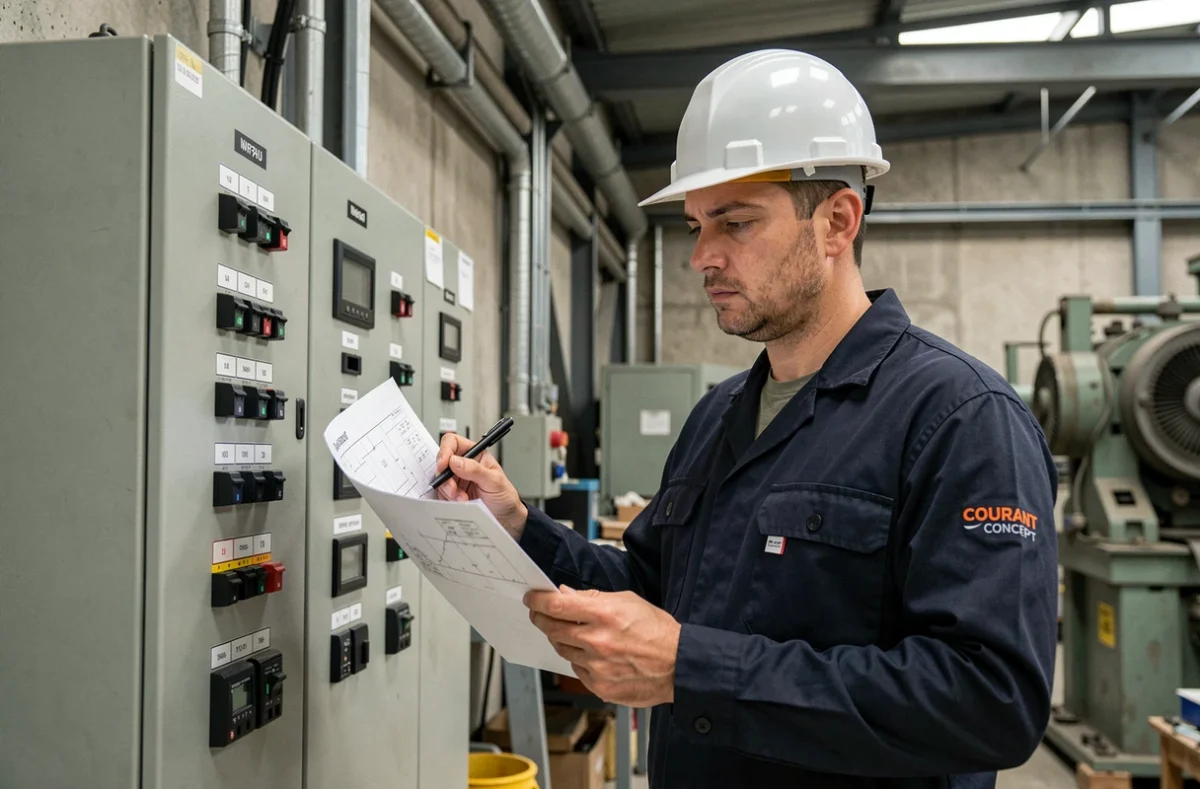 Technicien Courant Concept analysant un tableau électrique industriel dans le Nord