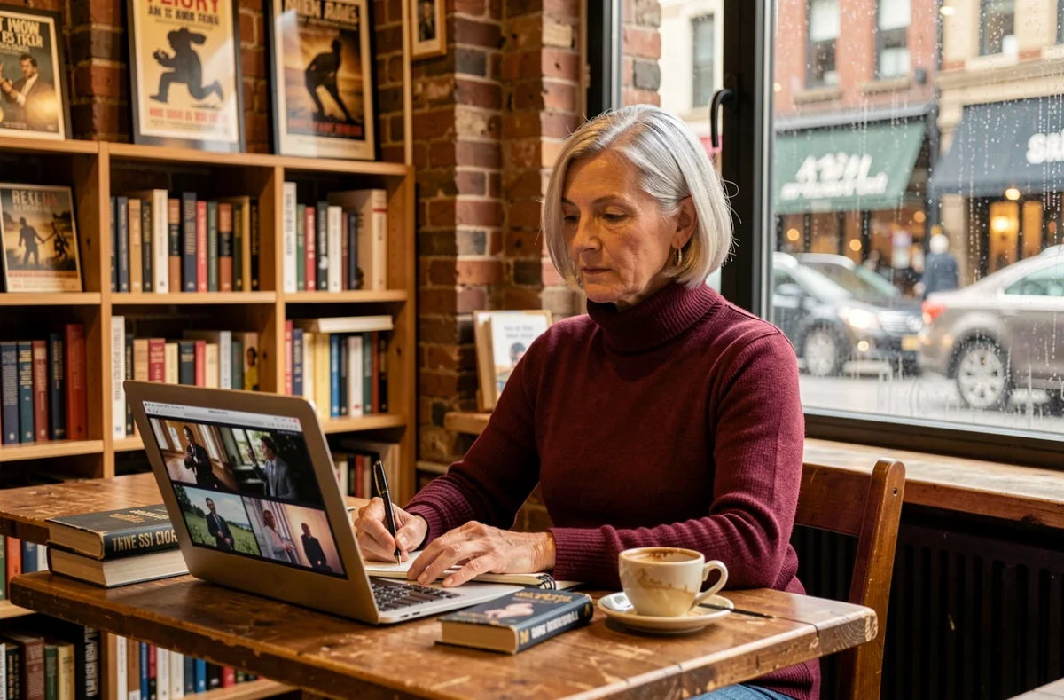 Critique de cinéma prenant des notes sur la cinematographie du MCU dans un café librairie avec un ordinateur portable ouvert