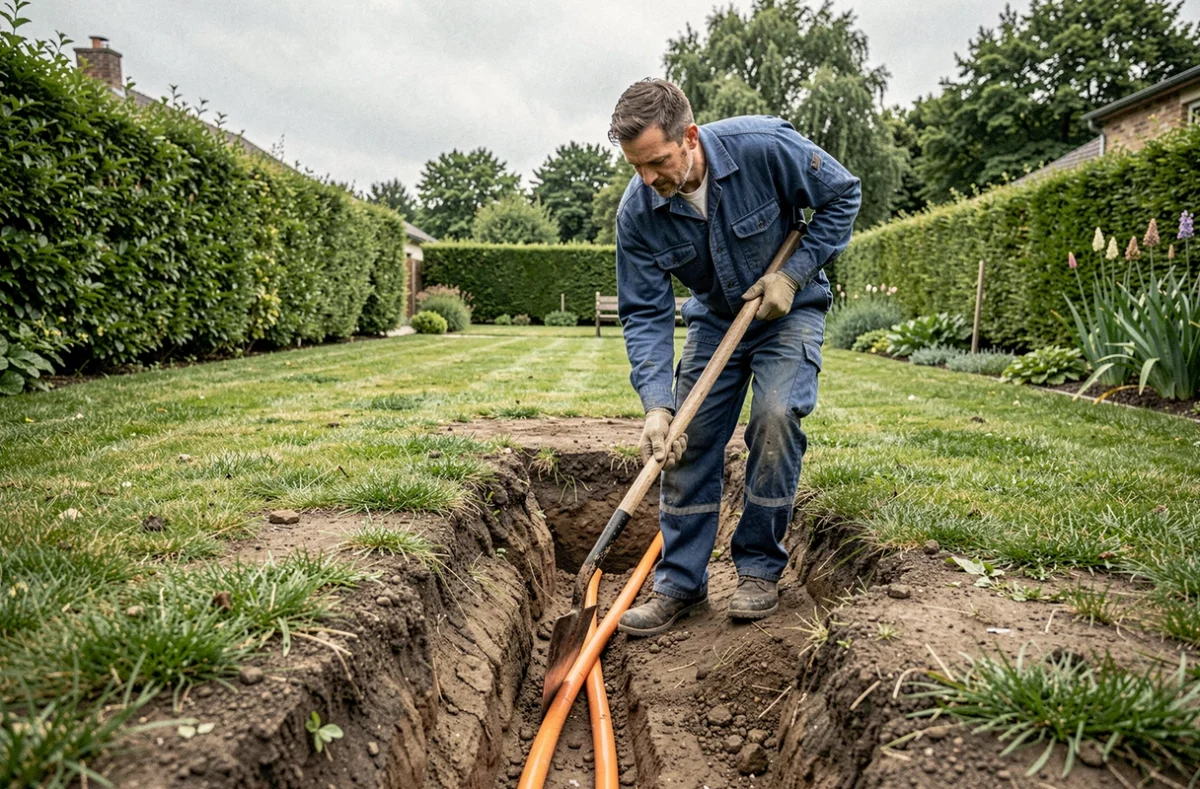 Électricien de Decarreaux Gagneux posant des câbles souterrains dans un jardin résidentiel ardennais