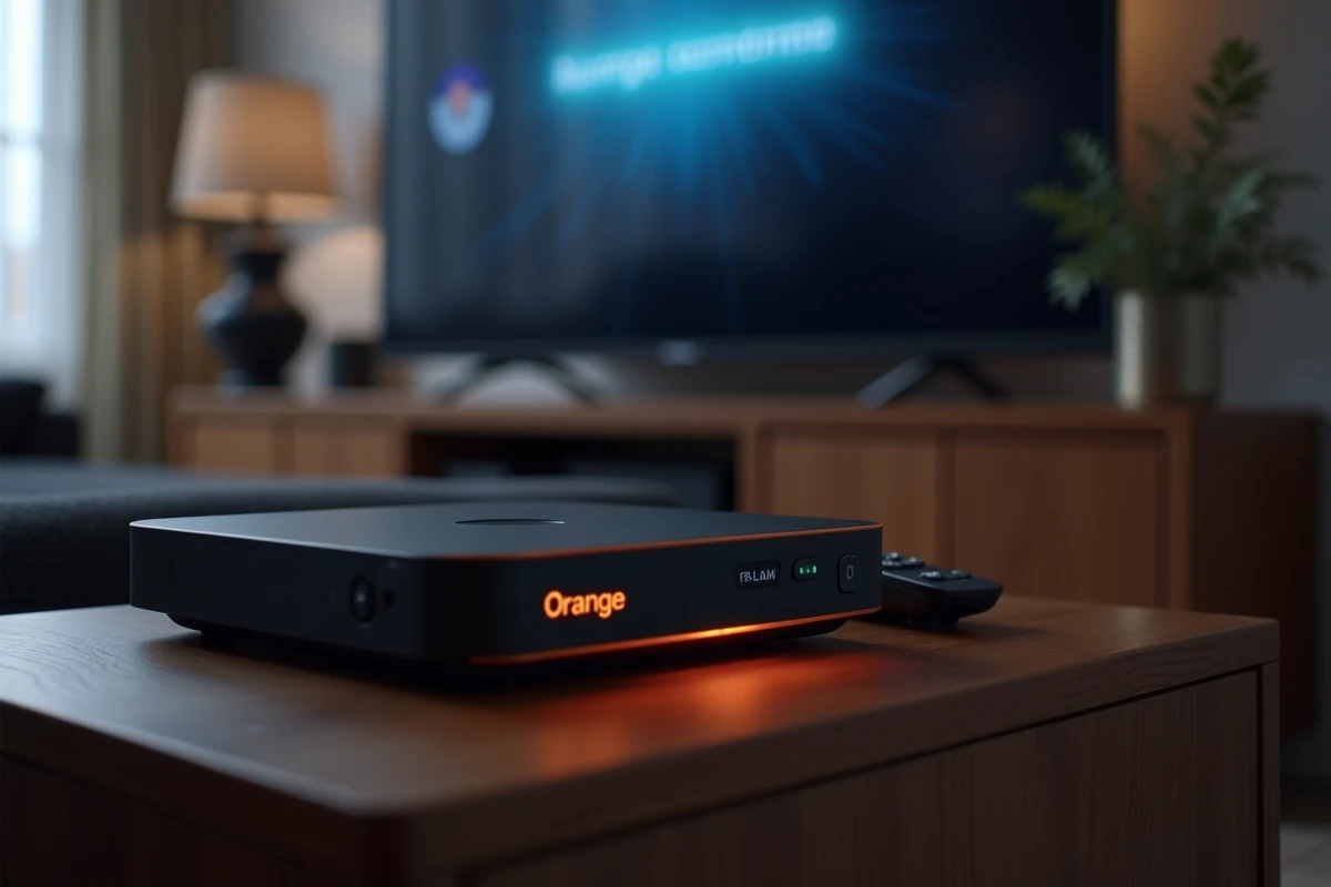 Décodeur Orange TV posé sur un meuble salon avec télécommande et écran affichant une confirmation d'enregistrement