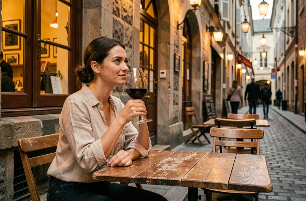 Femme se relaxant en terrasse d'un bouchon lyonnais avec un verre de vin rouge après le travail dans le Vieux-Lyon