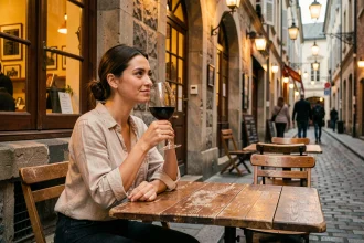 Femme se relaxant en terrasse d'un bouchon lyonnais avec un verre de vin rouge après le travail dans le Vieux-Lyon