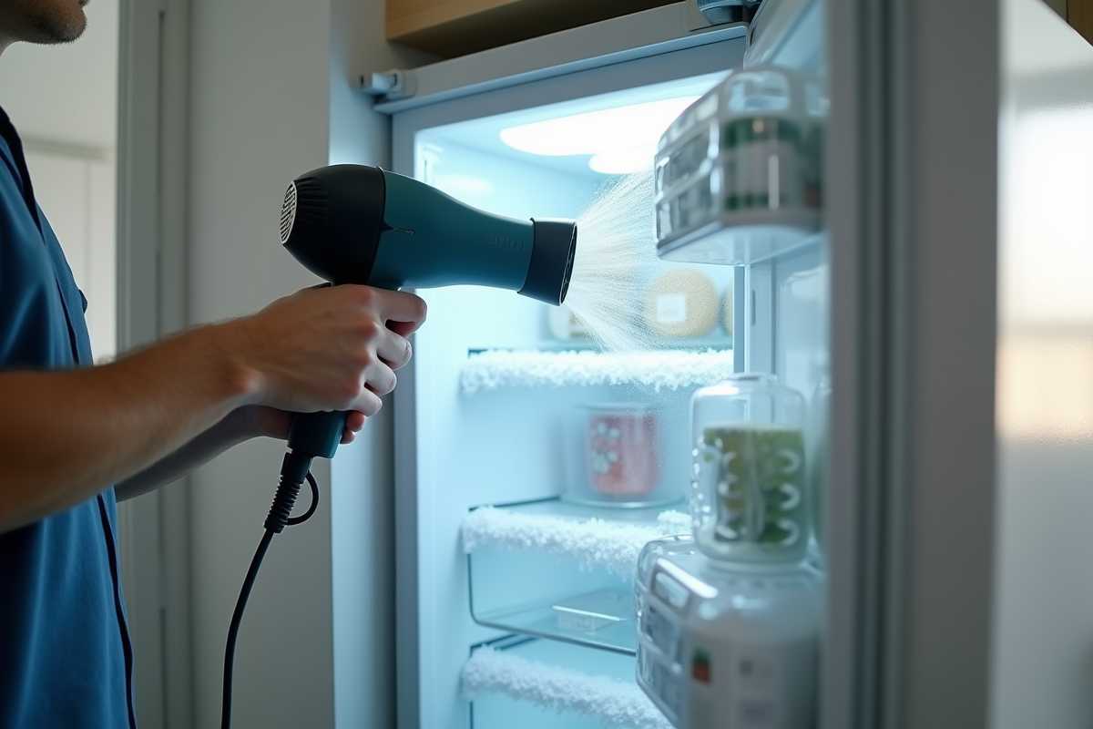 Personne utilisant un sèche-cheveux pour dégivrer un congélateur moderne
