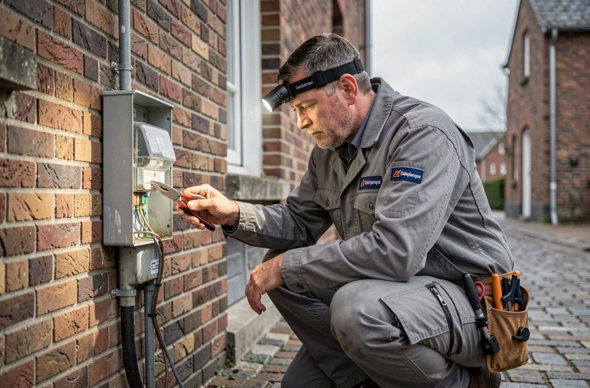 Électricien Deleplanque en intervention sur un compteur électrique extérieur dans le Nord