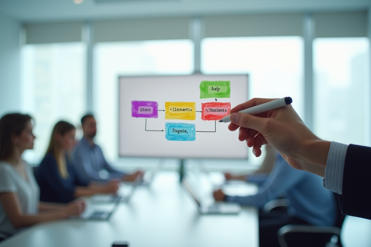 Main dessinant un diagramme coloré sur un tableau blanc en réunion