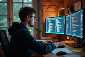Développeur geek en hoodie tapant sur un clavier mécanique devant des moniteurs affichant des forums tech et des noms de domaine en .io