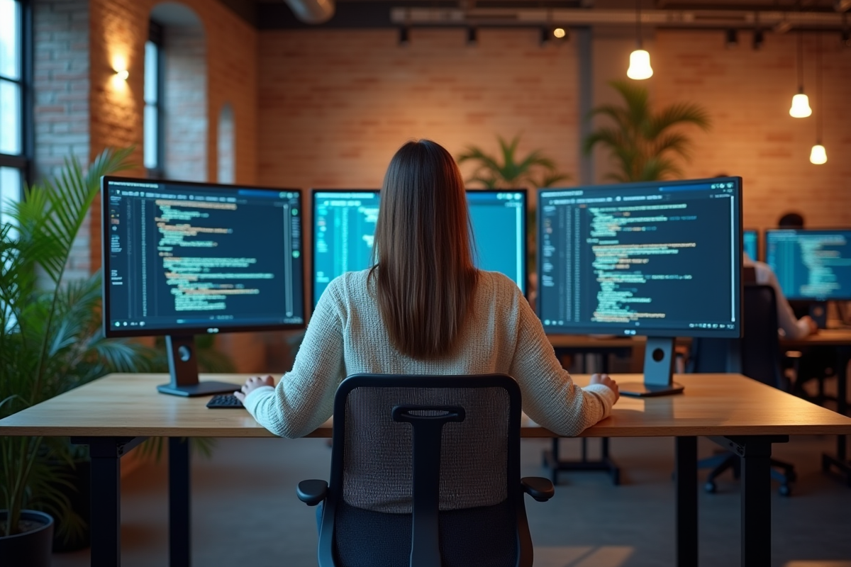 Jeune femme programmeuse travaillant sur code d