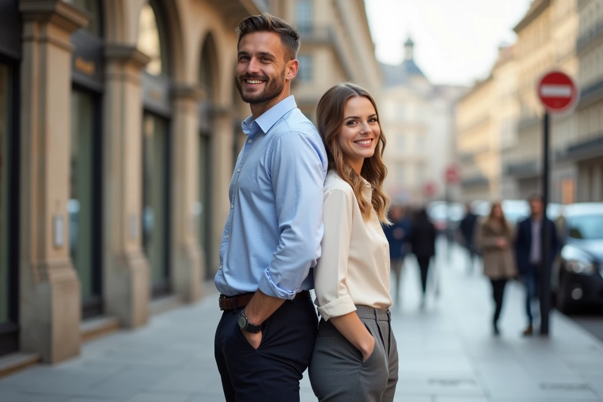 Un homme grand et une femme de petite taille dos à dos en milieu urbain européen, illustrant la différence de taille moyenne entre individus et pays