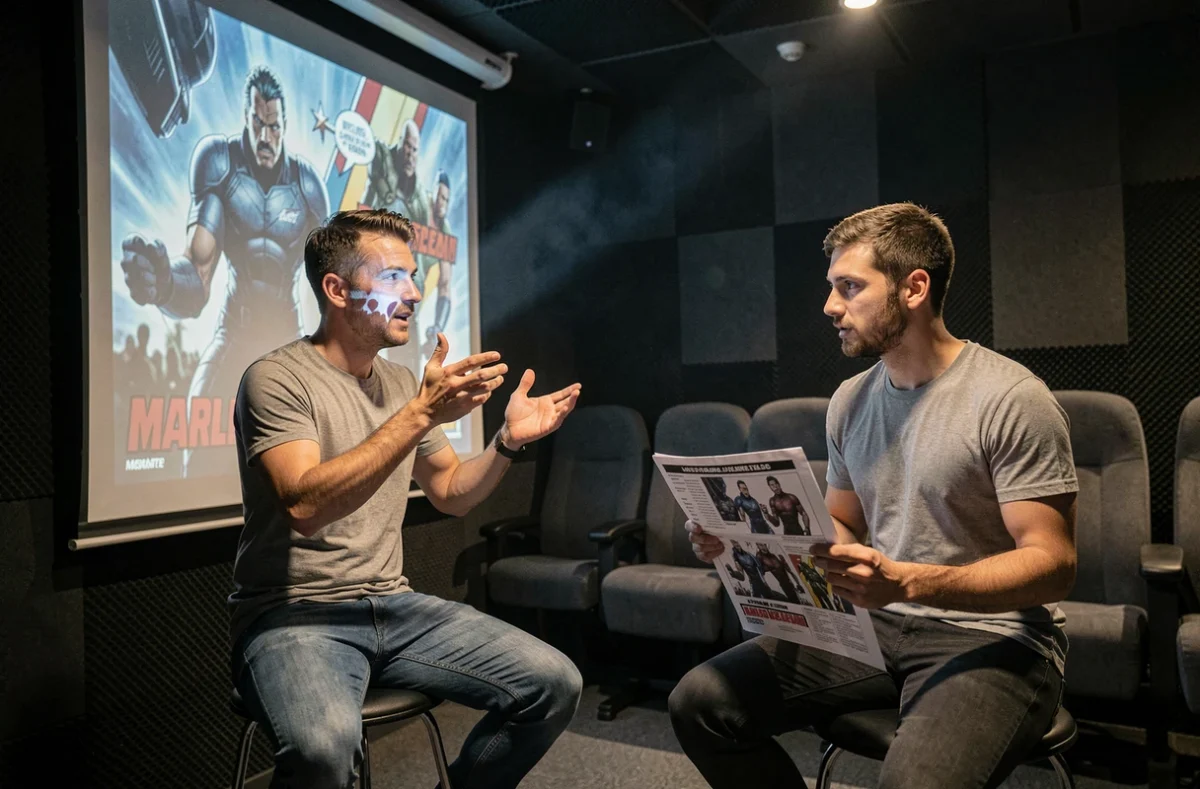 Deux analystes de cinéma discutant de la cinematographie Marvel devant un écran de projection dans une salle de visionnage