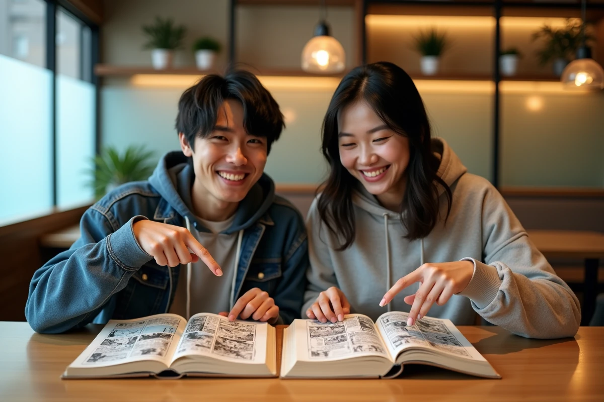 Deux amis comparant les versions française et japonaise du chapitre One Piece 1155 dans un café japonais moderne