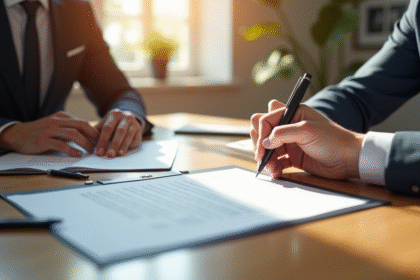 Deux mains échangeant un contrat signé sur un bureau lumineux