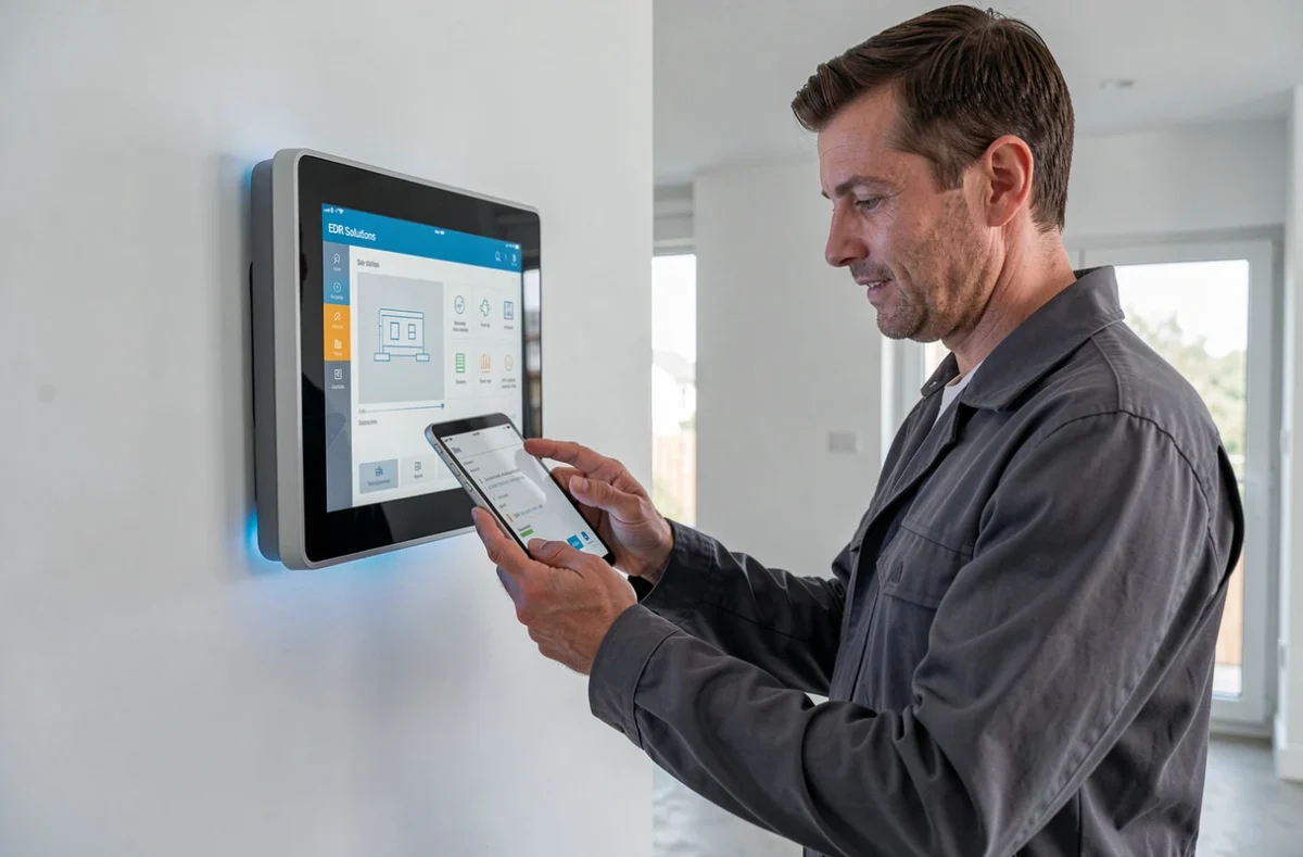 Technicien d'EDR Solutions configurant un panneau de domotique dans une maison moderne des Ardennes