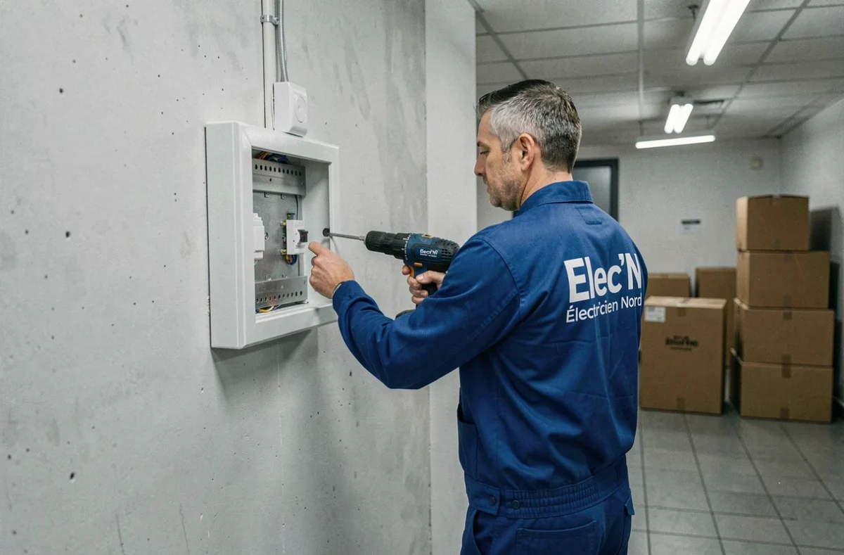 Électricien Elec'N réalisant une installation électrique dans un local commercial du Nord