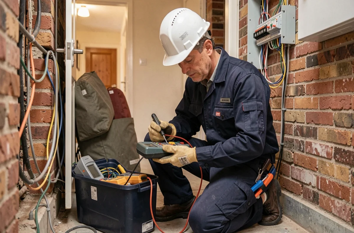 Un électricien professionnel intervenant en urgence sur un tableau électrique dans une maison du Nord de la France