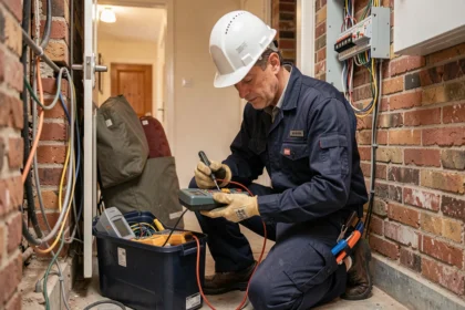 Un électricien professionnel intervenant en urgence sur un tableau électrique dans une maison du Nord de la France