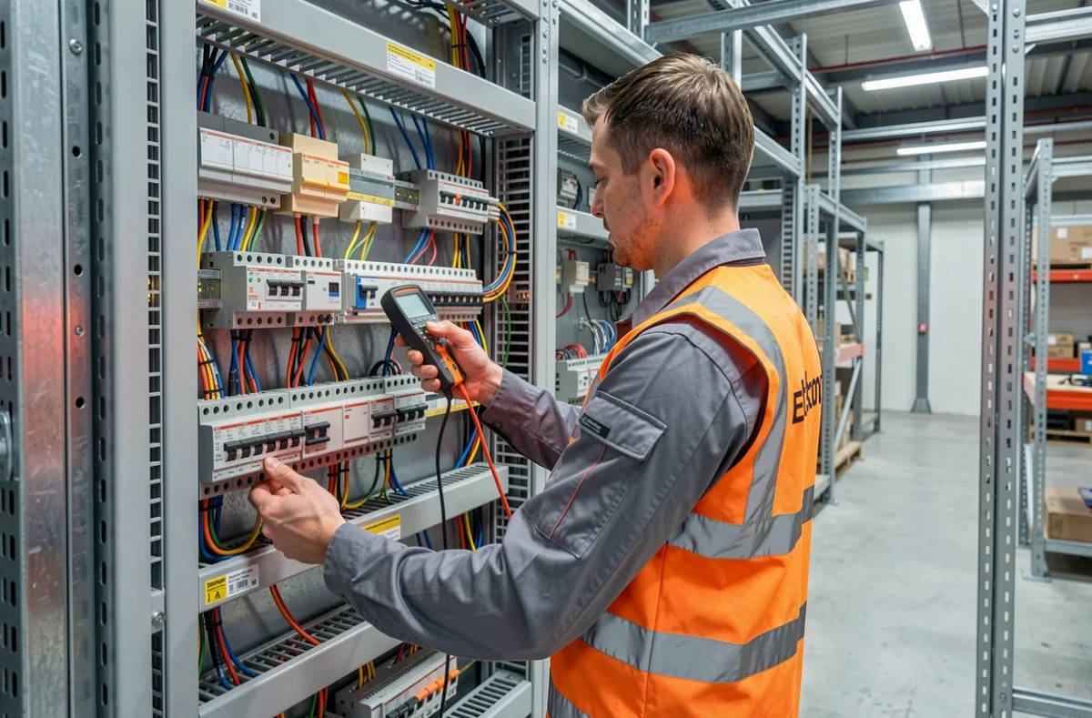 Technicien d'Electrotech-Heinis08 intervenant sur un tableau électrique industriel dans les Ardennes
