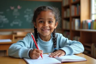 Jeune élève de CE1 écrivant un poème dans son cahier de poésie en classe