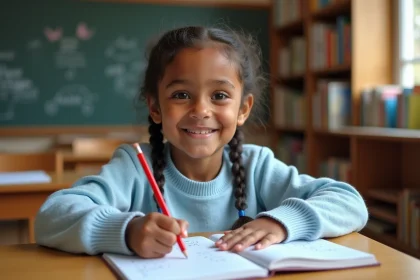 Jeune élève de CE1 écrivant un poème dans son cahier de poésie en classe