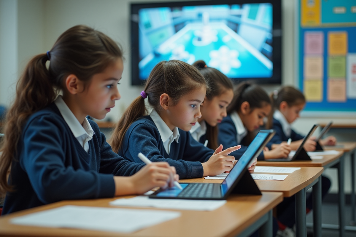 Groupe d élèves utilisant des tablettes en classe moderne