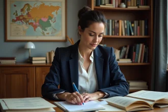 Elsa Vidal, spécialiste de la Russie, assise à son bureau entouré de livres et de cartes de l'Europe de l'Est, dans un bureau académique