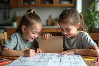 Deux enfants jouant à la bataille navale maison avec des grilles dessinées sur papier à une table en bois